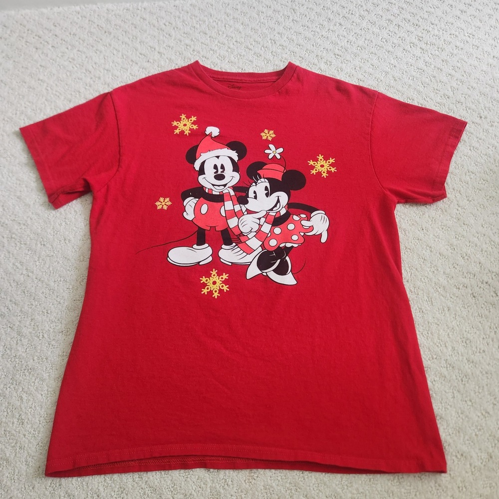 Disney Mickey Minnie Mouse Christmas Red Graphic T-Shirt Womens size Mediumโ